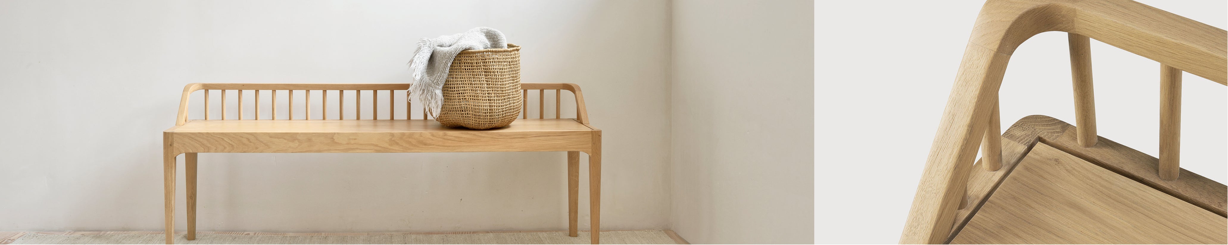 Ethnicraft Bank aus Eiche in hellen Tönen – modernes Möbeldesign für reduzierte Interieurs.
