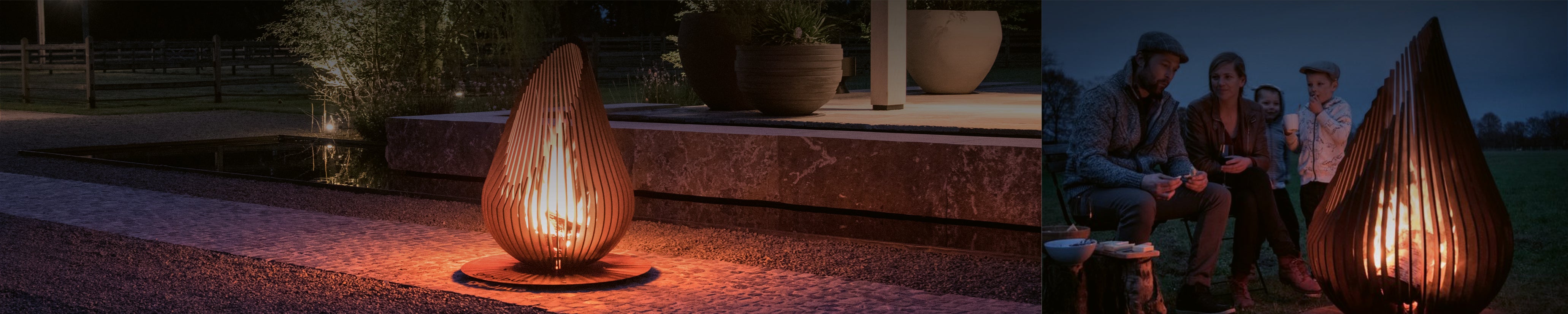 Tropfenförmige Design-Feuerschale mit Lamellen auf moderner Terrasse, stimmungsvolles Flammenspiel bei Nacht