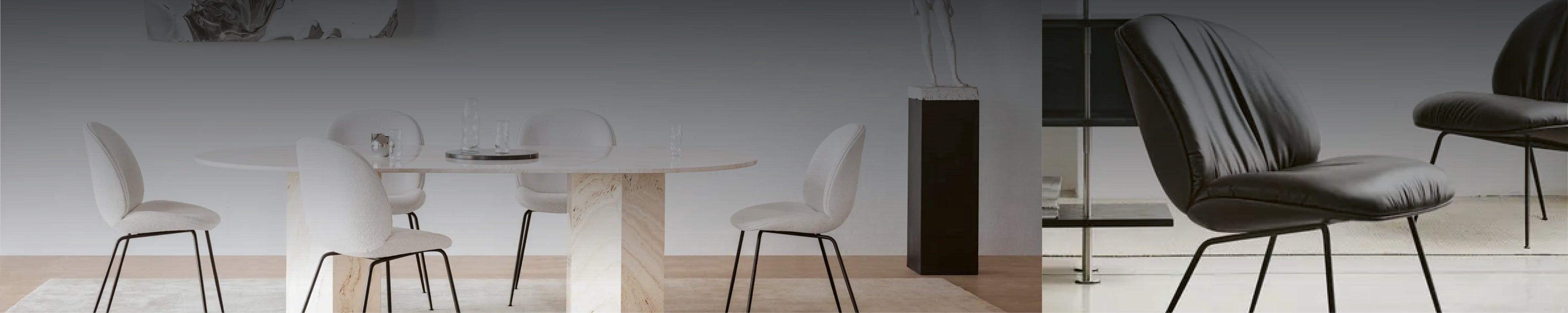 GUBI Design Möbel mit Esszimmerstühlen, Tisch und gepolstertem Sessel im zeitlosen Interieur