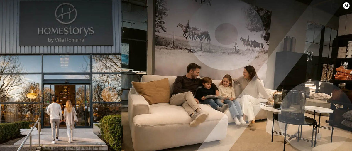 Collage aus dem Eingang des Homestorys Einrichtungshauses und einer Familie auf einem hellen Sofa – KI-unterstütztes Inspirationsbild zum Räumungsverkauf.