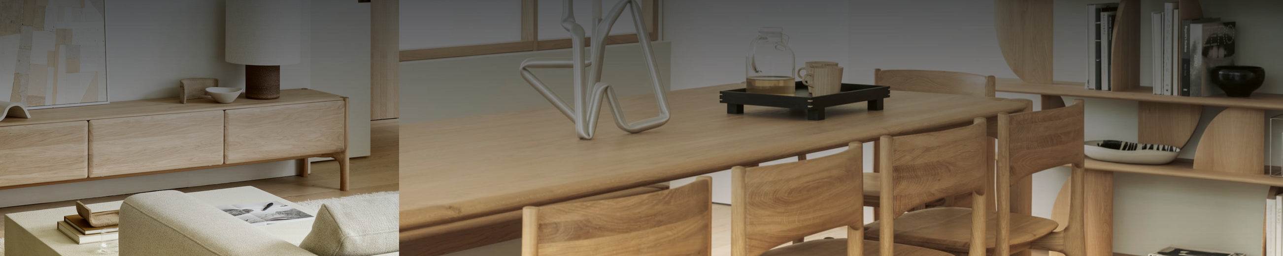 Designtisch und Stühle aus Massivholz – Ethnicraft PI Kollektion in stilvollem Interieur.