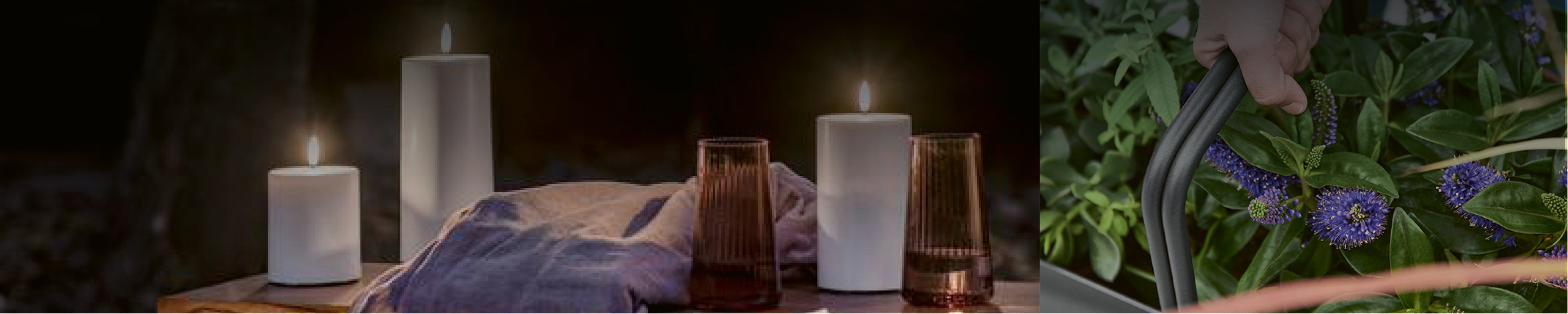 Collage von einem Garentisch bei Nacht mit Outdoor-Kerzen die an sind und einer Detailansicht eines Outdoor-Pflanzcontainers mit integrierter Tragefunktion, bepflanzt mit violett blühenden Stauden und frischem Grün – funktional und dekorativ.