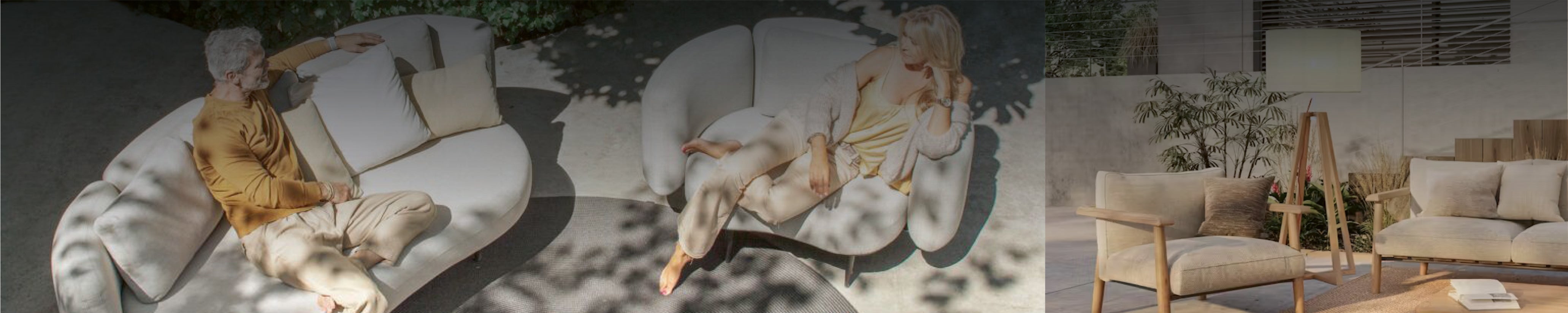 Outdoor-Sofa und Lounge-Sessel von Royal Botania auf Steinterrasse mit Design-Beistelltisch und Pflanzen im Hintergrund