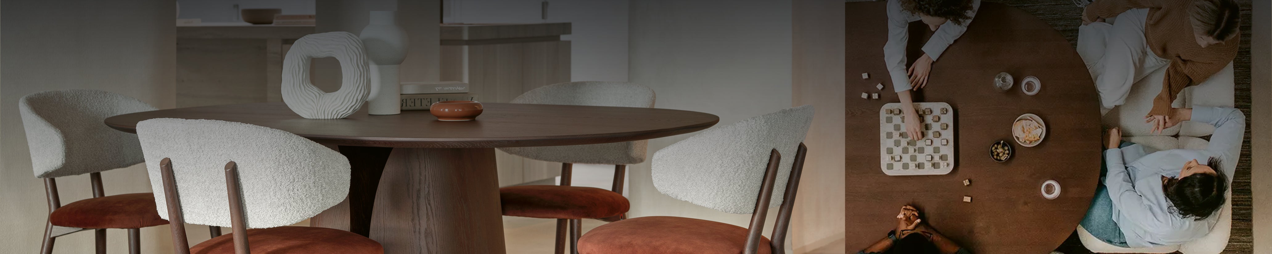 Runder Blossom Esstisch aus Nussbaum von Mobitec – großflächige Ansicht im modernen Wohnambiente mit Totro Stühle.