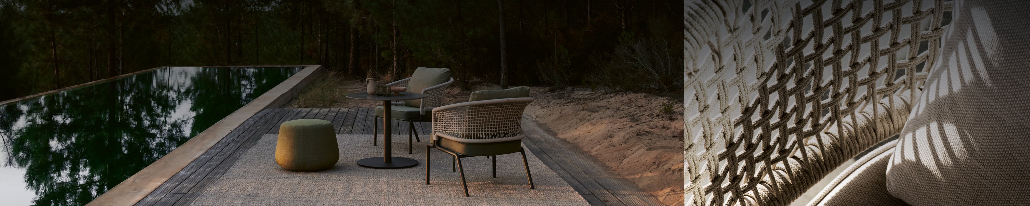 CTR Kollektion von Tribù als Gartenset – minimalistische Outdoor-Szene mit Sesseln, Pouf und Tischen auf Holzdeck in natürlicher Umgebung