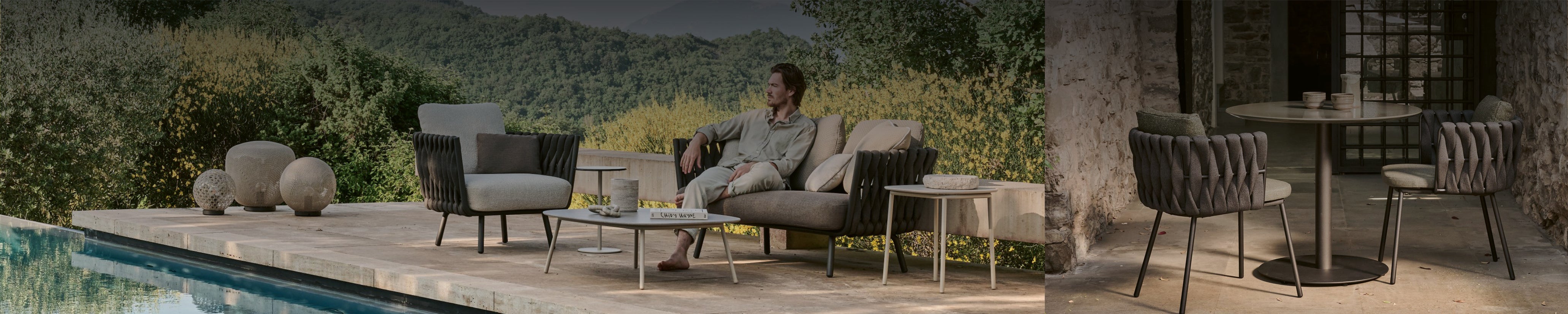 Tosca Kollektion von Tribù mit geflochtenen Lounge- und Dining-Möbeln in ruhiger, natürlicher Outdoor-Architektur