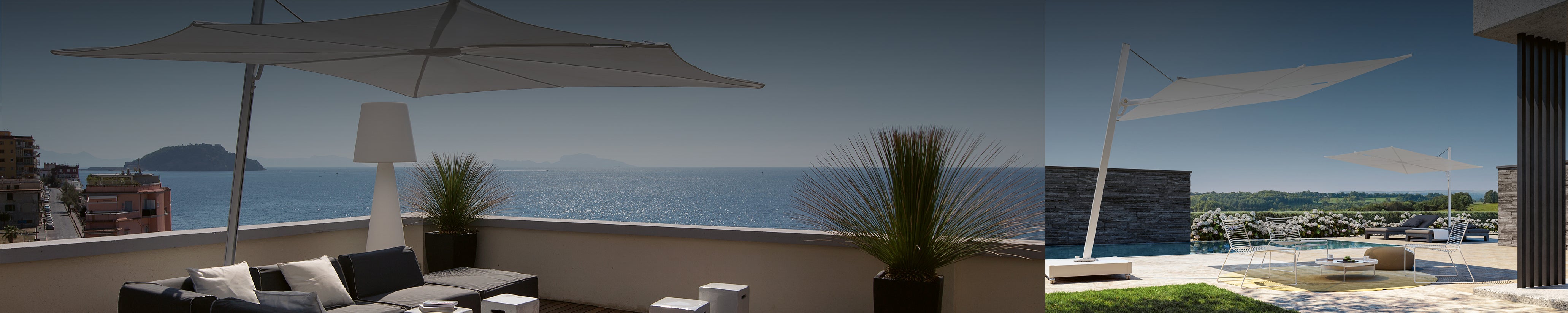 Spectra Sonnenschirm von Umbrosa auf Dachterrasse mit Meerblick, grafischer Schatten und ruhige Architektur