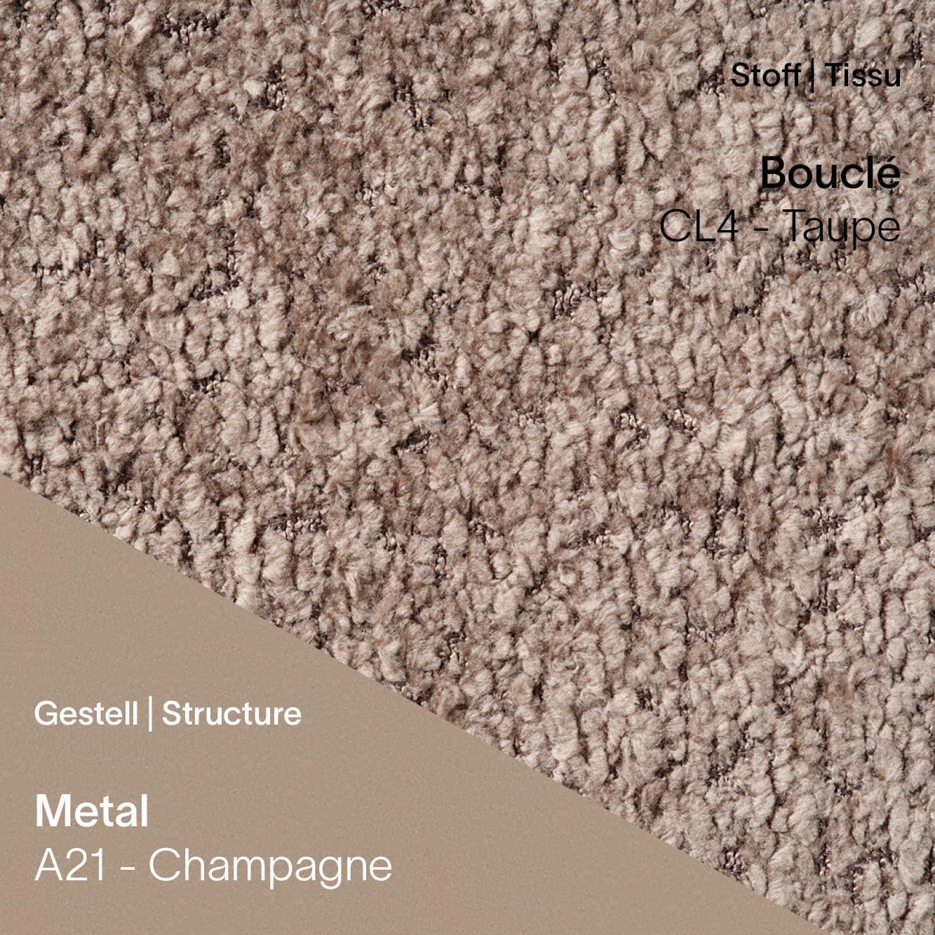 Stoff Bouclé CL4 Taupe kombiniert mit Metallgestell A21 in Champagne