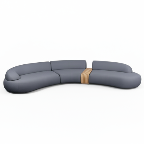 Gartensofa MELLOW von Cane-line als 5-Sitzer mit Gestell aus Teakholz und grauen Cane-line AirTouch Polstern – stilvolle Kombination aus Natur und Komfort für den Außenbereich