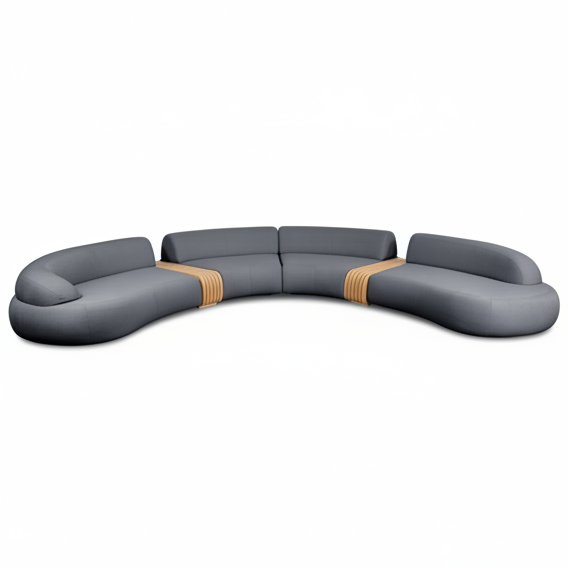 Gartensofa MELLOW von Cane-line als 6-Sitzer mit Teakholzrahmen und grauen Cane-line AirTouch Polstern – modernes Outdoor-Design mit natürlicher Ausstrahlung