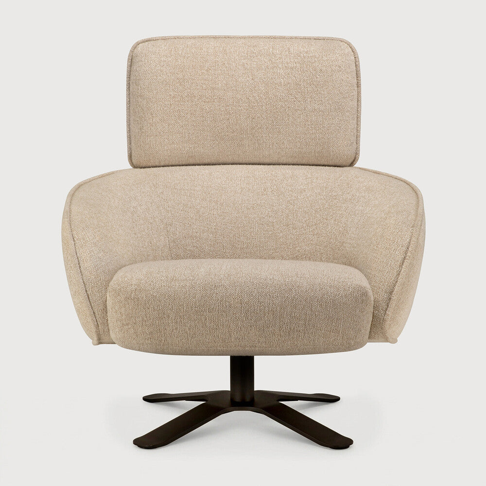 Ethnicraft MERGE lounge chair in Loam, featuring generous padding, a rounded backrest, and integrated armrests (front view).
