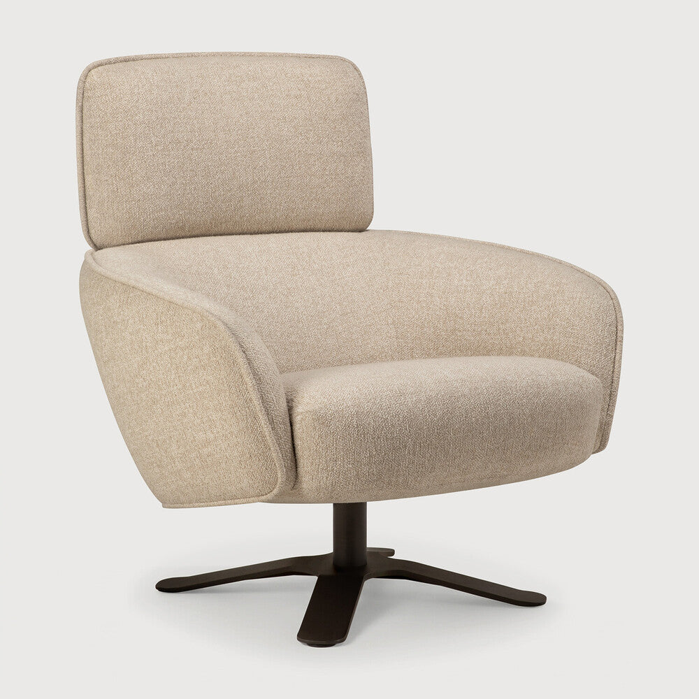 Ethnicraft MERGE Lounge Chair – Detail of the textured fabric upholstery in Loam and the dark bronze swivel base.