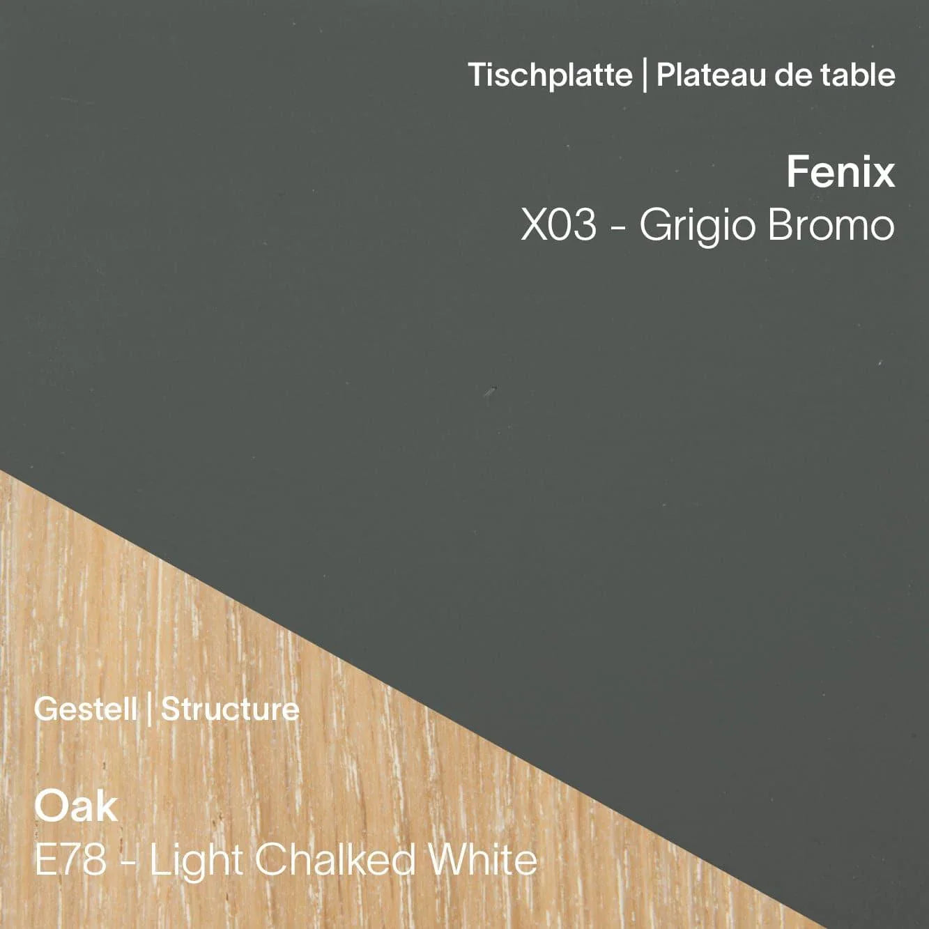 Tischplatte Fenix x03 Grigio Bromo mit hellem Tischgestell in Light Chalked White (E78)