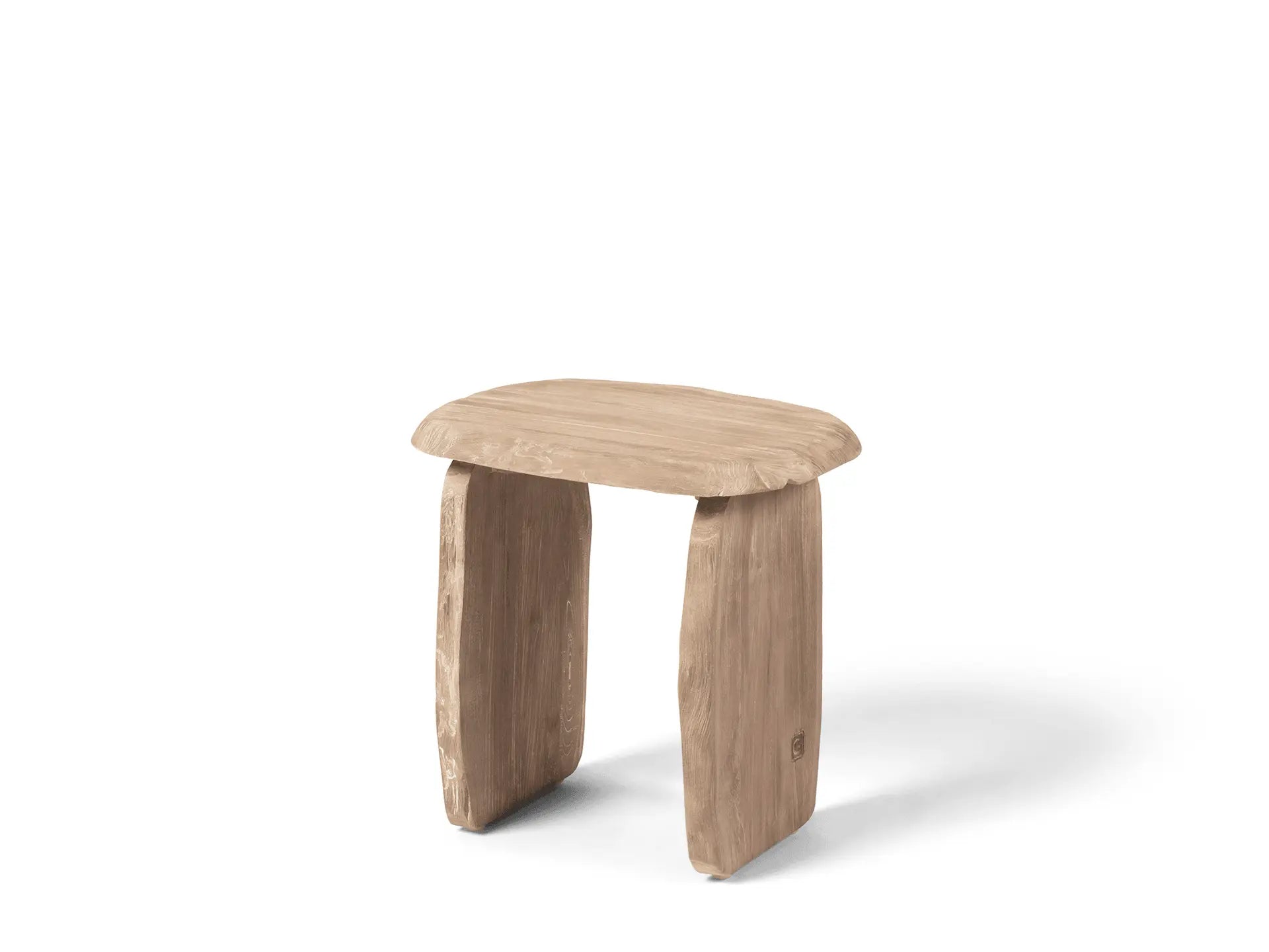 Close-up of the Pebble stool - beautiful teak structure with handcrafted curves