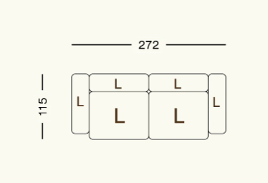 Maßbild des modularen Sofas Vetsak SET 02 L – technische Zeichnung mit Breite, Tiefe, Höhe und Sitztiefe zur perfekten Raumplanung