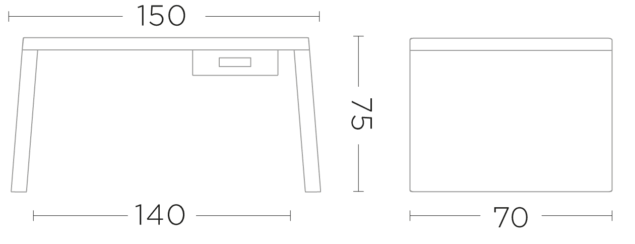 Technische Maßzeichnung des VINCE Schreibtischs aus Teakholz – Darstellung mit exakten Angaben zu Länge, Breite und Höhe zur Büro- und Arbeitsplatzplanung