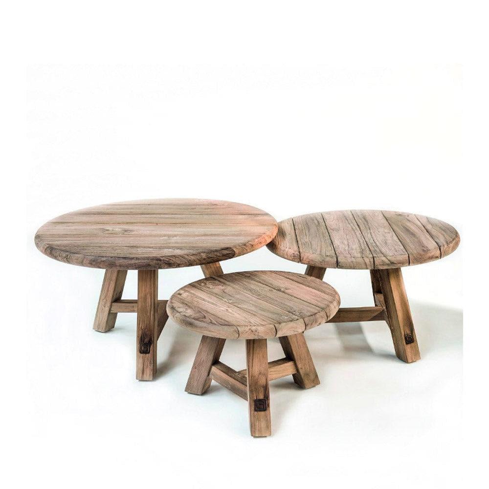 Couchtisch ANTON 3er Set von Gommaire – runde Beistelltische aus recyceltem Teakholz in verschiedenen Höhen, ideal für flexible Outdoor-Gestaltung