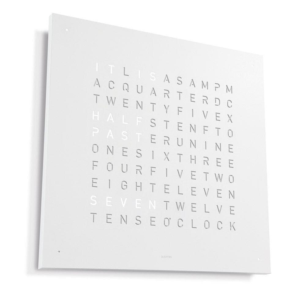 QLOCKTWO EARTH 45 White Pepper – side view with white body and minimalist white steel surface