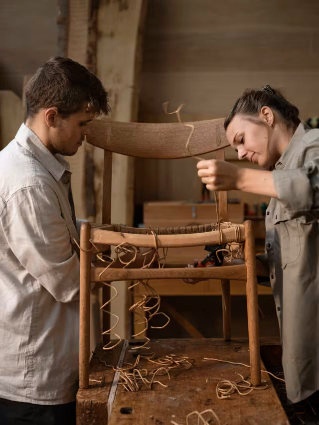 Zwei Mitarbeiter von  Carl Hansen & Søn flechten ein Stuhl zusammen per Hand. 