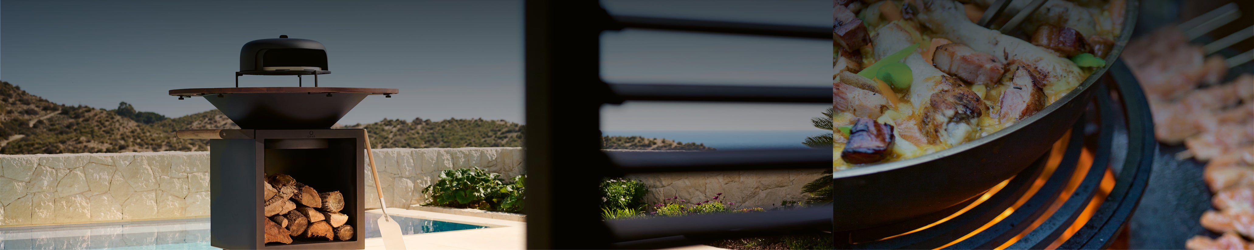 Weitwinkelaufnahme einer Terrasse mit Ofyr Grill, Holzstapel, Pizzaofen und dahinterliegendem Pool unter wolkenlosem, hellblauem Himmel – Gourmet Homestorys Outdoor-Genuss im Sommer.