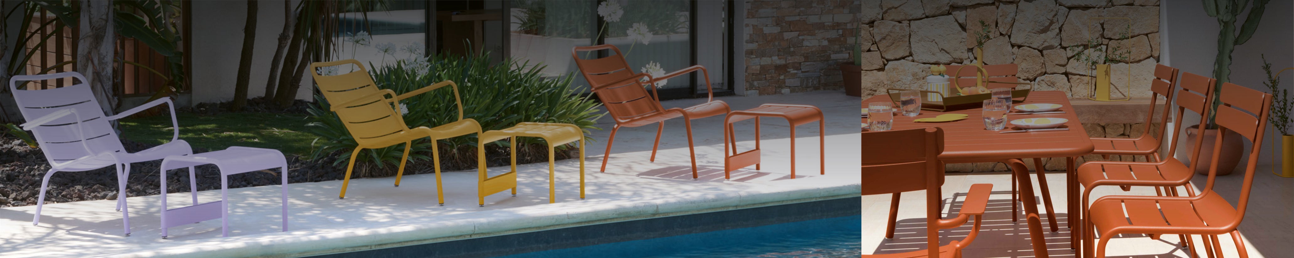 Gartenmöbel in Lavendel, Gelb und Terrakotta – farbenfrohe Outdoor-Stühle und Hocker im Poolbereich.