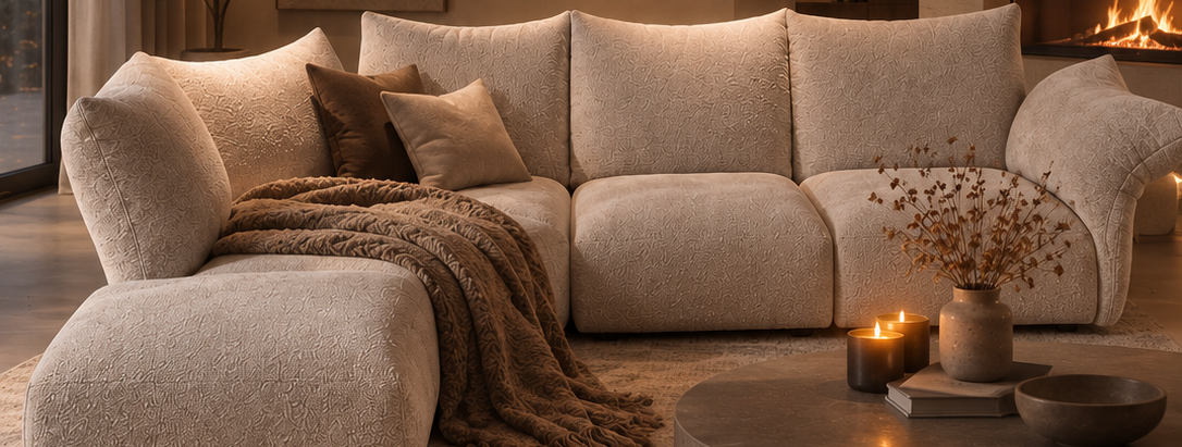 Helles Sofa mit Chaiselongue, weicher Decke und Kerzen in einem warmen Wohnzimmer mit Kamin.