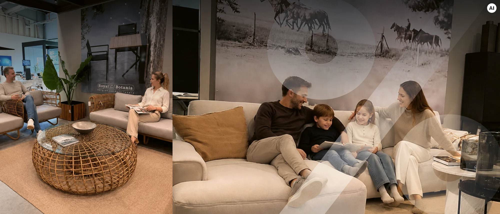 Collage aus Outdoor-Loungemöbeln im Showroom und einer Familie auf einem hellen Sofa – KI-unterstütztes Inspirationsbild zum Homestorys Räumungsverkauf.