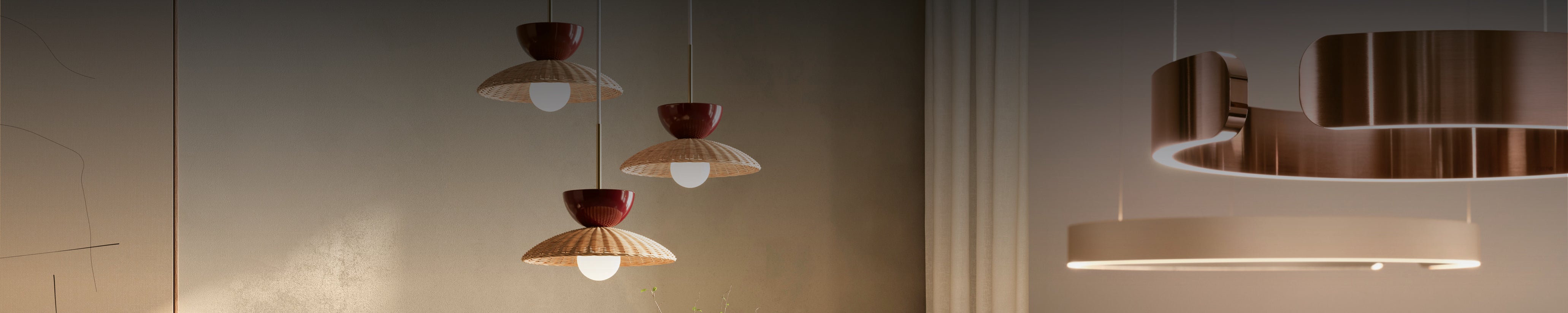 Kollektion für Innenraumbeleuchtung – Lichtobjekte im belgischen Stil mit natürlichen Materialien. Auf die reche Seite eine Nahaufnahme von Mito Lampen in Bronze und Gold von der deutschen Marke Occhio. 