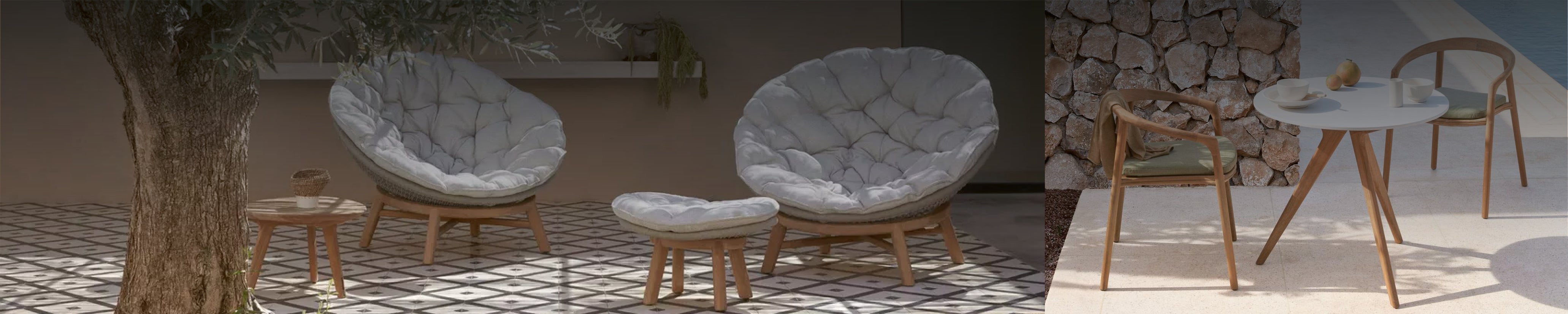 Outdoor-Loungesessel mit Holzgestell und hellen Polstern auf gefliestem Terrassenboden