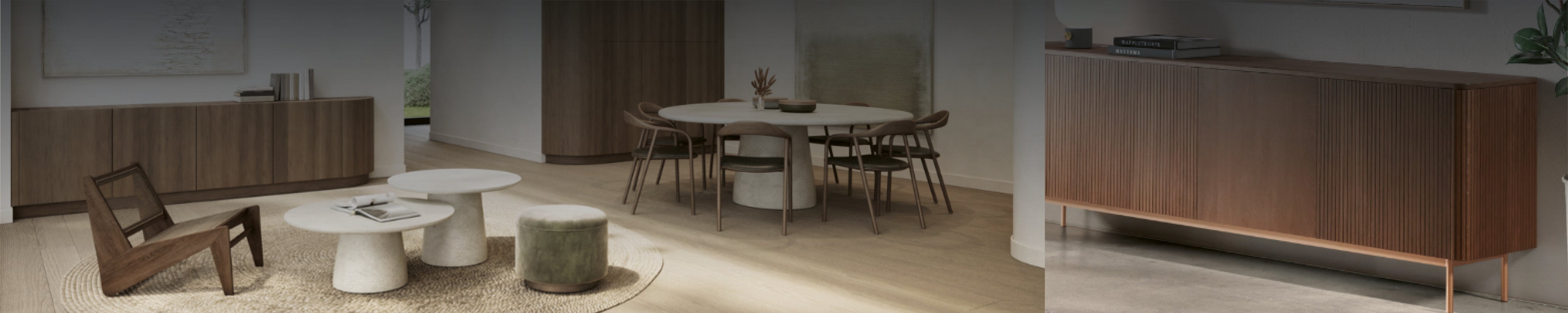 Wohn- und Essbereich mit Holz-Sideboard, rundem Esstisch, Stühlen und Couchtischen in ruhiger Gestaltung von Michel Denolf