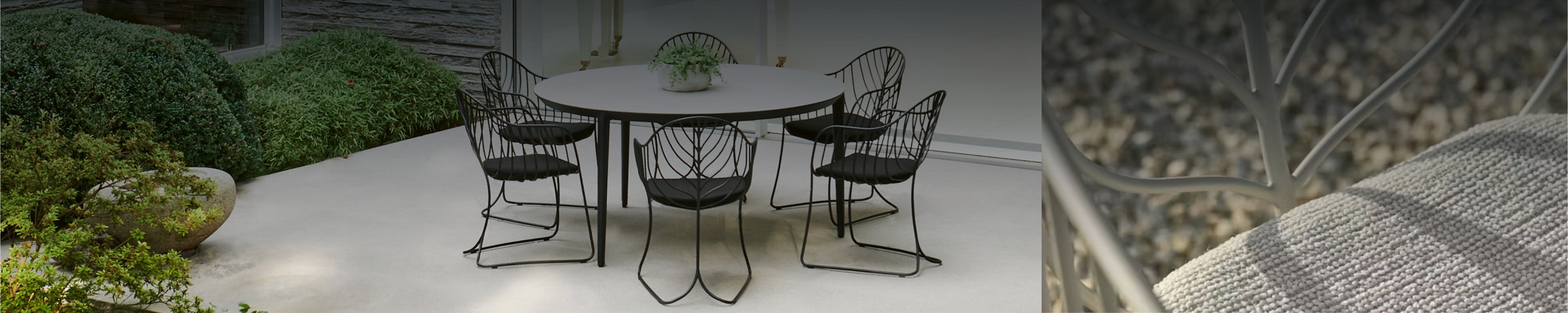 Folia Gartenmöbel-Set mit sechs blattförmigen Designstühlen und rundem Tisch auf moderner Terrasse im Grünen – Outdoor-Komfort mit grafischer Leichtigkeit.