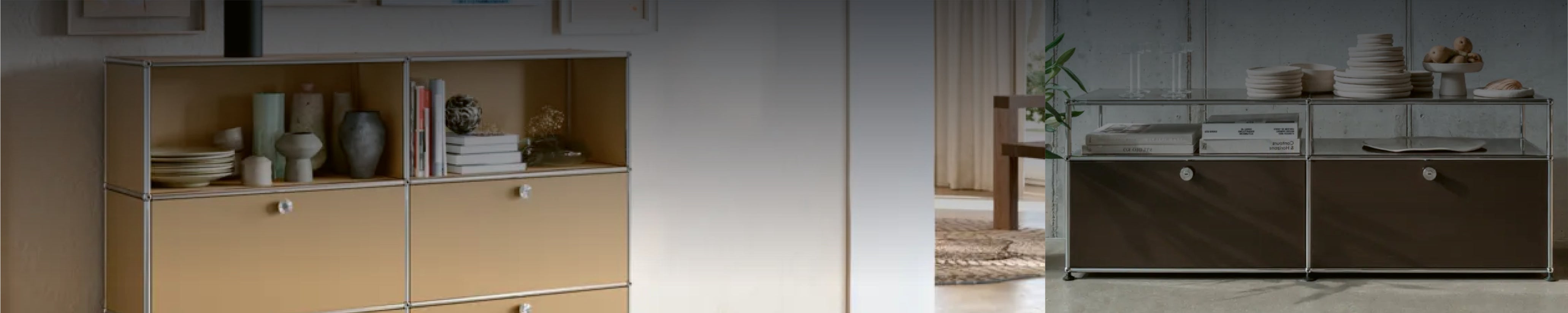 Zwei Sideboards in Braun und Gold nebeneinander im modernen Interieur mit minimalistischer Dekoration