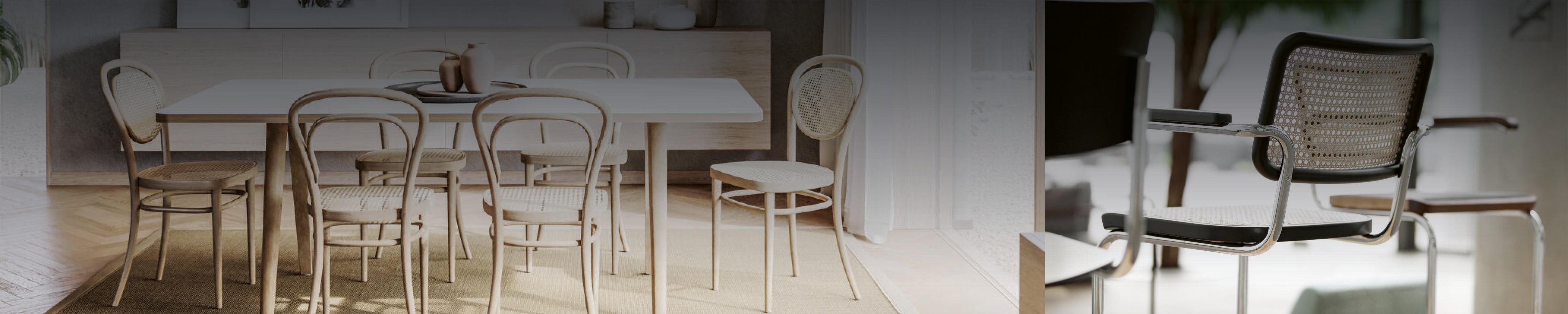 Thonet Freischwinger mit verchromtem Gestell und Rohrgeflecht – moderner Klassiker für Wohn- oder Arbeitsräume.