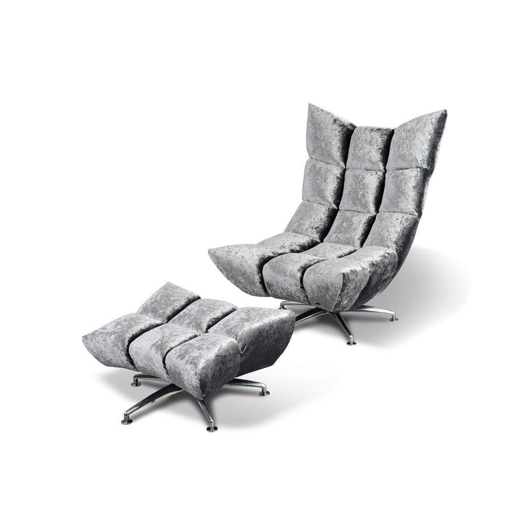 Exotischer Sessel mit Hocker in Silberschimmer – CLOUD 7 Hangout von Bretz, glamouröser Designersessel für modernes Interieur
