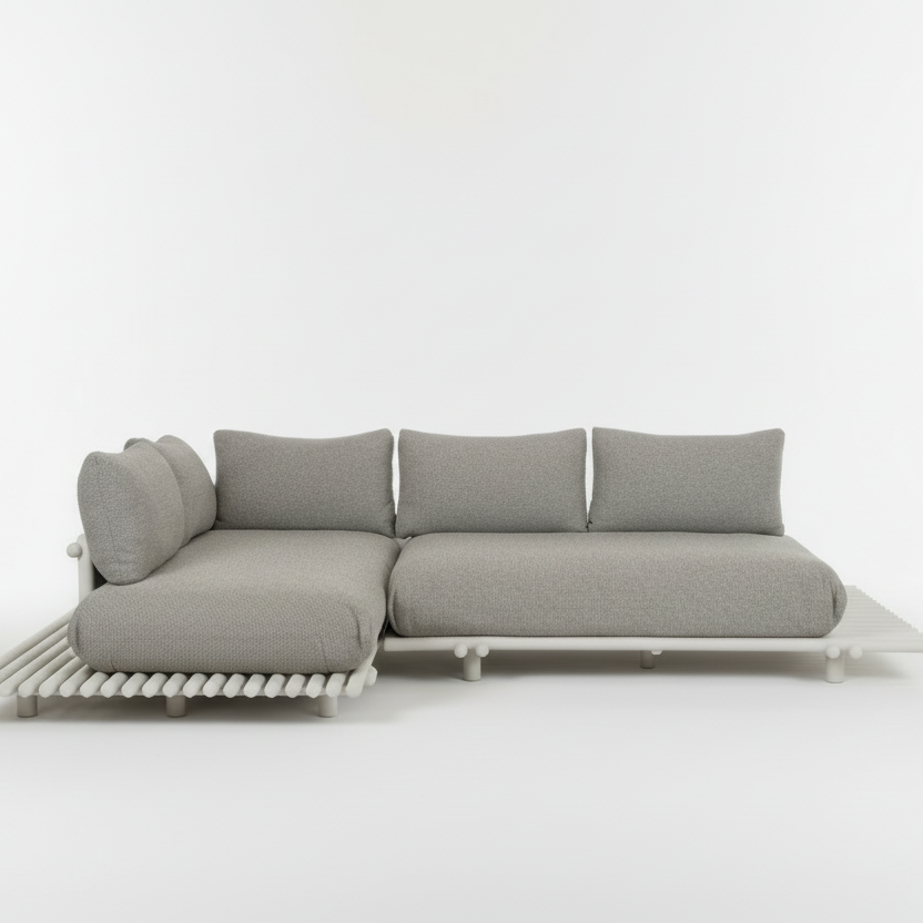 Gartensofa STICKS von Cane-line mit Aluminiumrahmen und hellbraunen Rise-Polstern – modernes, wetterbeständiges Outdoor-Design