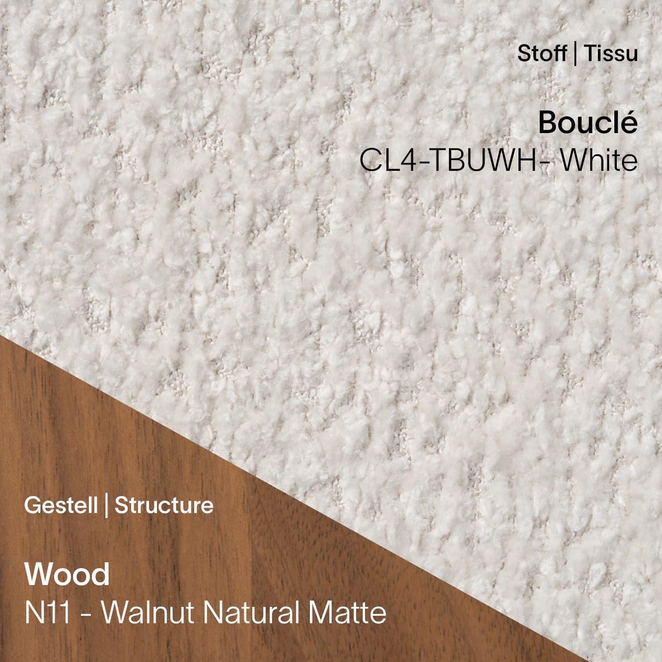 CUORI von Mobitec – Bouclé CL4 White Bezug und N11 Walnuss Natural Matte Holzgestell
