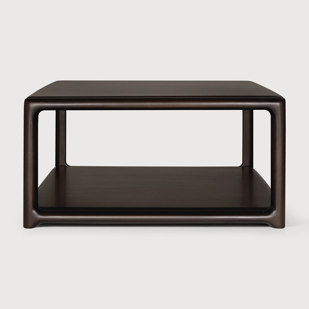 Ethnicraft EDA coffee table made of solid mahogany in Rose Brown – front view with gently rounded shapes.