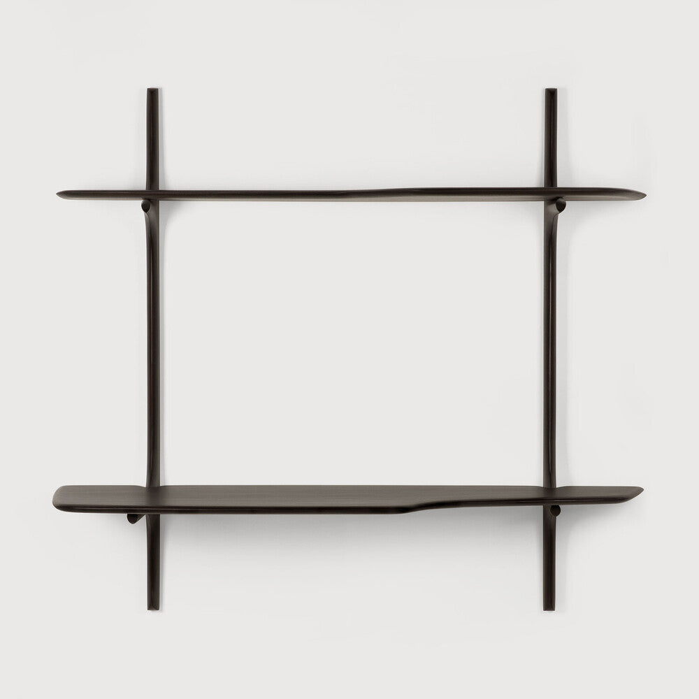 Bureau Ethnicraft PI en acajou brun foncé, aux contours organiques et à structure fixée au mur, vu de face.