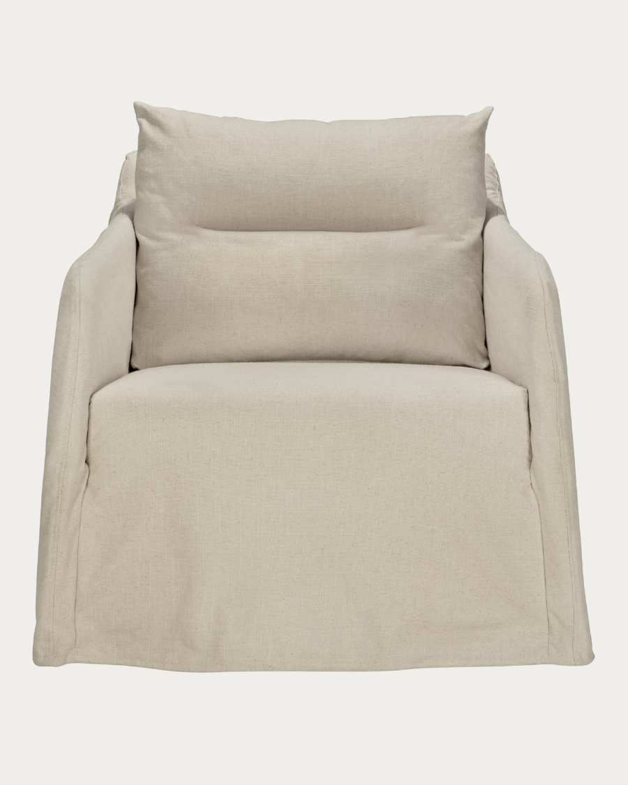 Ethnicraft WEAVE Loungesessel in Bone mit tiefer Sitzfläche, weichen Polsterkissen und Leinenmischgewebe in Frontansicht.