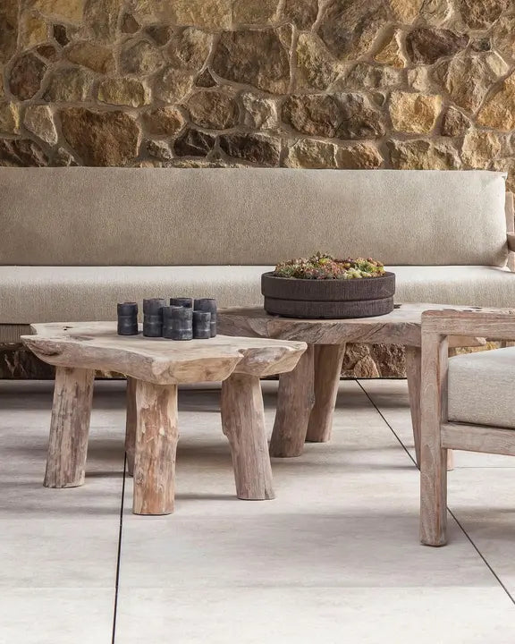 NATURAL SHAPE coffee table from Gommaire in the outdoor living room - stylishly staged with lounge furniture in the open air