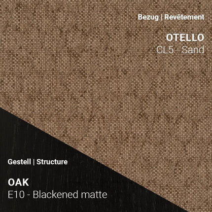 Mobitec Stuhl KNUT C0110 mit Stoff Otello CL5 Sand und Eiche Blackened Matte – dezenter Farbton mit markantem Gestell