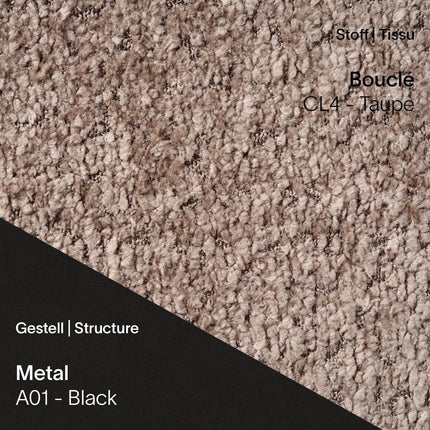 Mobitec LOLA C4110 mit Bouclé CL4 Taupe und A01 Metal Black – warme Naturtöne auf dunklem Metallgestell