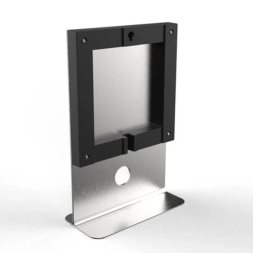 QLOCKTWO Earth 45 Standfuß aus Edelstahl mit schwarzer Halterung – elegante Frontansicht mit kontraststarkem Design für moderne Interiors