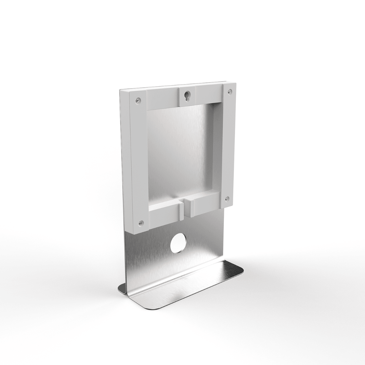 Standfuß Earth 45 von QLOCKTWO aus gebürstetem Edelstahl mit weißer Halterung – klare Vorderansicht für modernes Uhren-Design mit minimalistischer Ästhetik