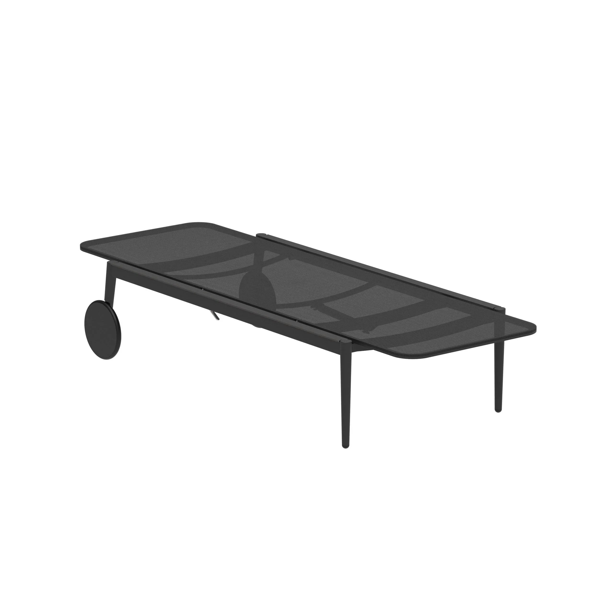 Modellbild der Sonnenliege STYLETTO von Royal Botania in flacher Position – Variante in Anthrazit mit schlanker, moderner Linienführung