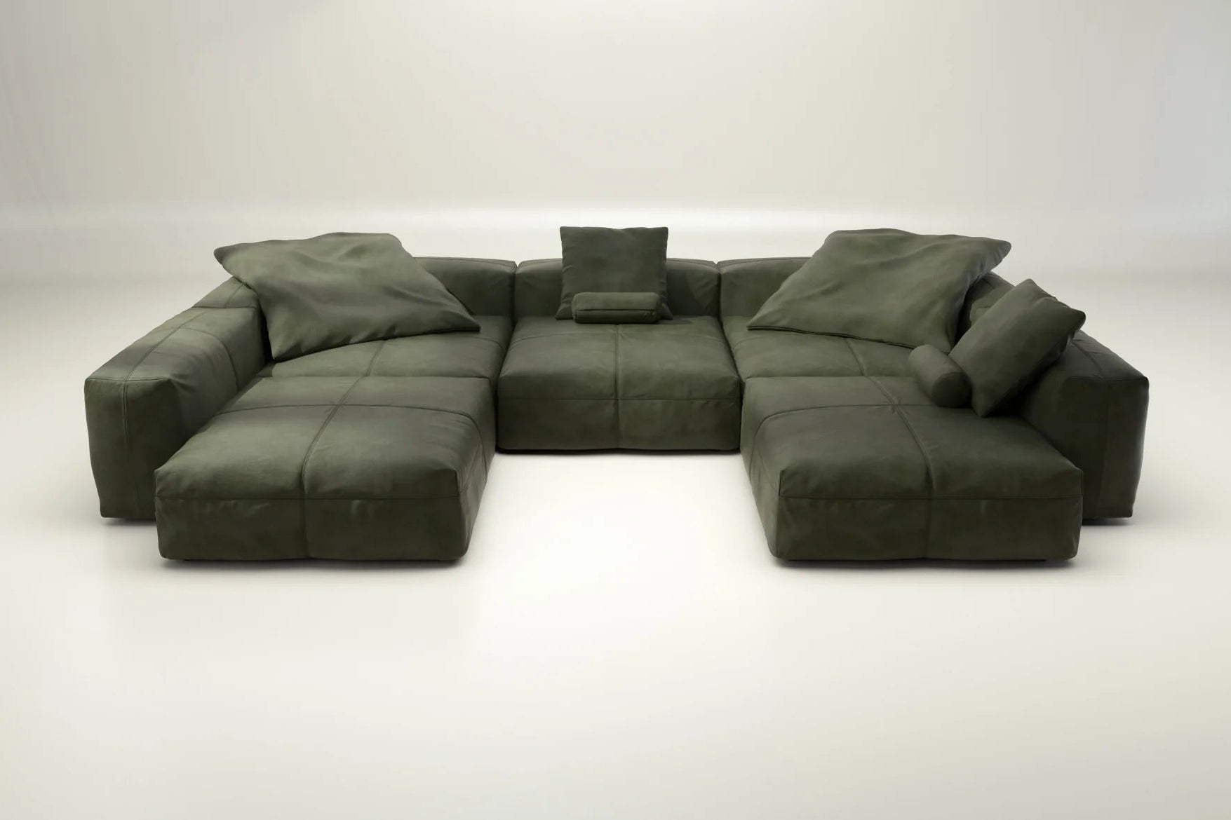 Grüner Stil trifft Komfort: Echtleder-Sofa Olive von Vetsak mit Kissen
