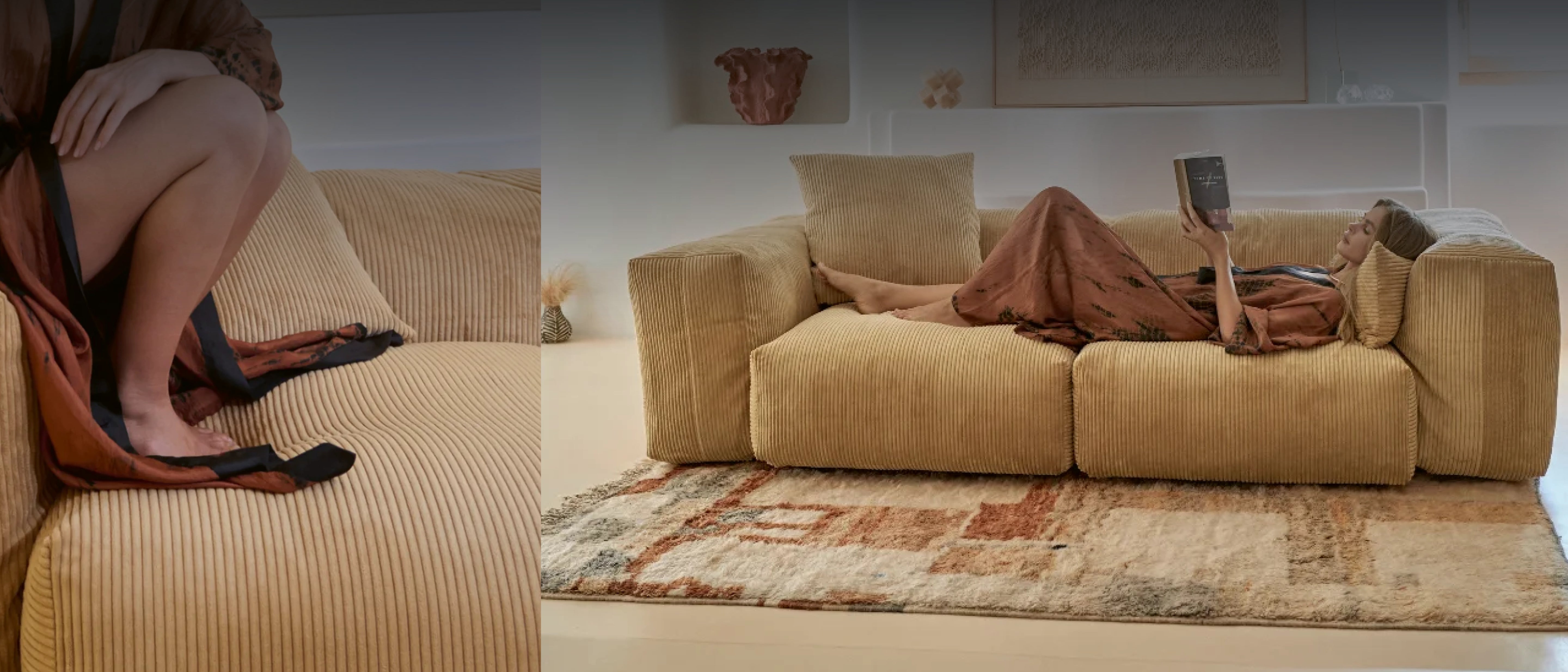 Vetsak Sofa aus Cordvelours in einem warmen Naturton mit dekorativen Kissen