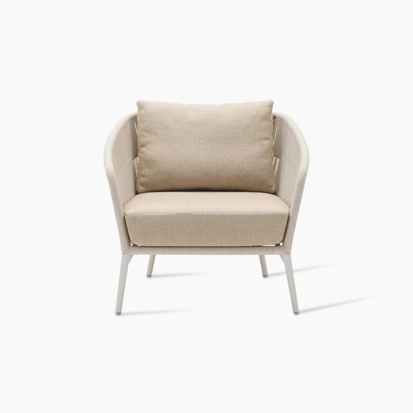 Vincent Sheppard AKARI Garden Armchair in Dune White and Flax with a seat cushion in Santal