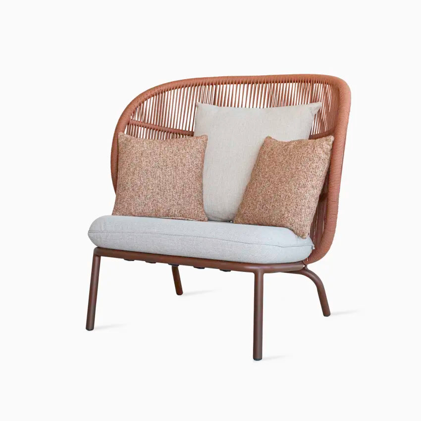 Fauteuil de jardin Vincent Sheppard KODO COCOON, couleur Rust, avec corde en polypropylène et deux coussins