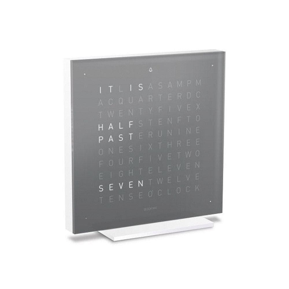 QLOCKTWO EARTH 13.5 Early Grey Tea – side view of the grey-brown designer table clock with typographic time display